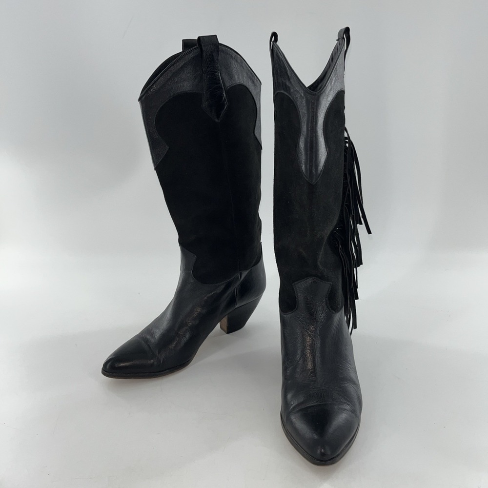 Rare Vintage Lenni Italian Leather Suede Calf Boots Fringe Heel‎ 7.5 Cowgirl - Picture 2 of 16